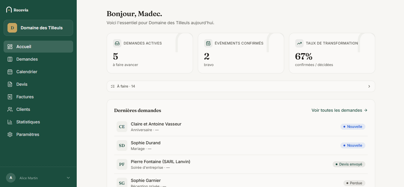 Tableau de bord Recevia : demandes actives, événements confirmés et dernières demandes